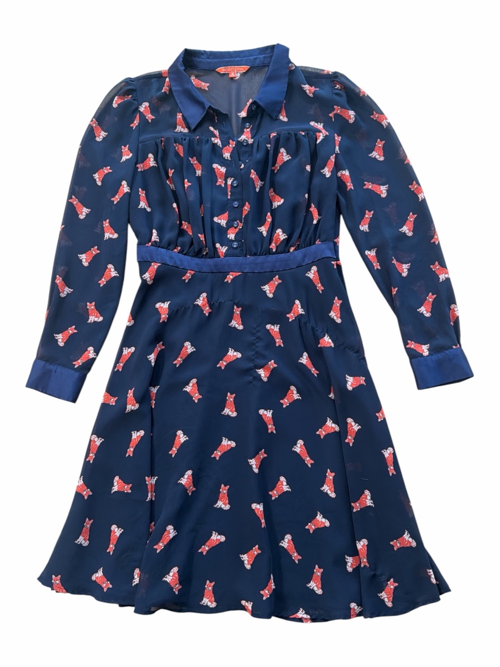 ModCloth Navy Blue Chiffon Fox Novelty Print Long Sleeve Shirtdress